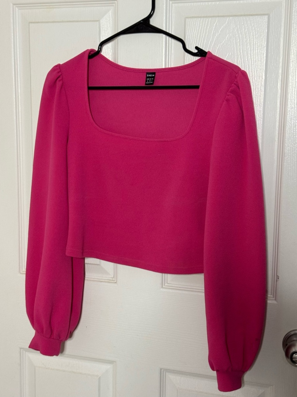 SHEIN Bright Pink Square Neck Puff Sleeve Cropped Top